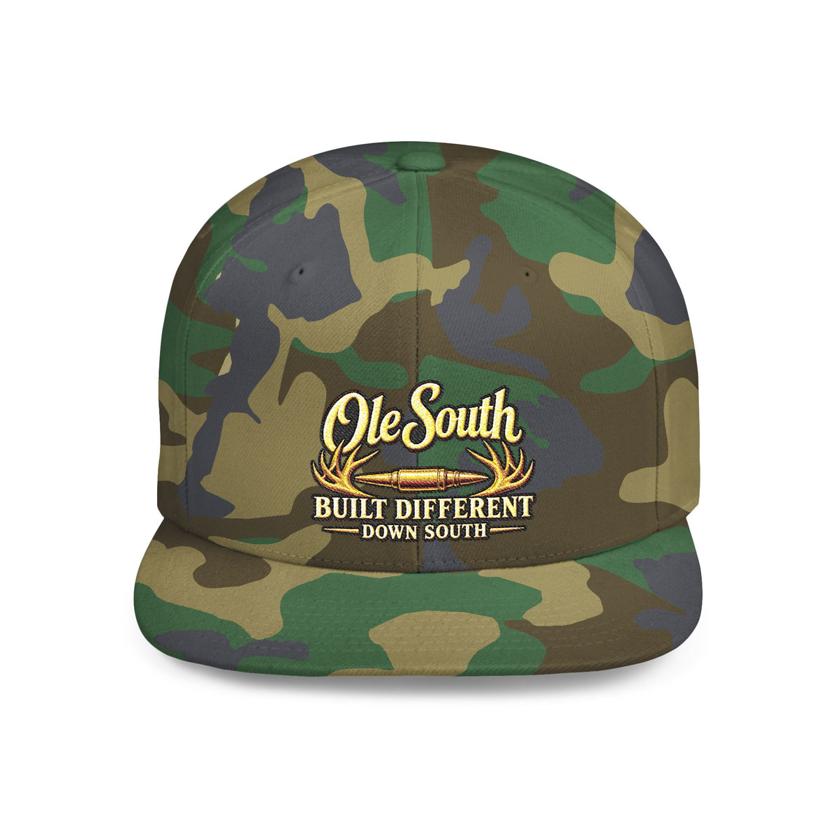 Ole South Flat Bill Snapback Hat — "Built Different Down South" Embroidered Cap