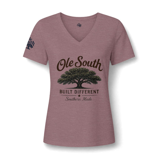 Ole South 'Built Different' V-Neck Tee — Southern Tree Graphic Women's T-Shirt
