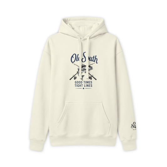 Old Smith Hammer Graphic Hoodie — "Good Times Tight Lines" Vintage Workshop Pullover